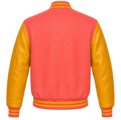 Coral wool varsity jacket, gold cowhide sleeves, back view