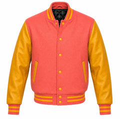 Coral melton wool varsity jacket with gold leather sleeves, front view