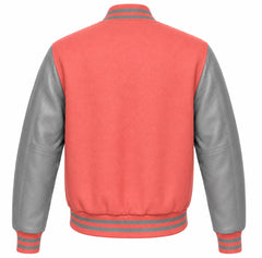 Coral wool varsity jacket with grey leather sleeves, back view