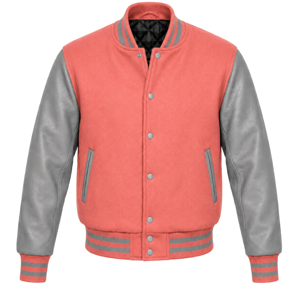 Coral melton wool varsity jacket with grey cowhide leather sleeves, front view
