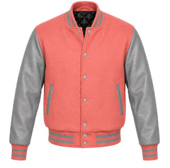 Coral melton wool varsity jacket with grey cowhide leather sleeves, front view