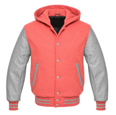 Coral and Grey Varsity Jacket with Hood