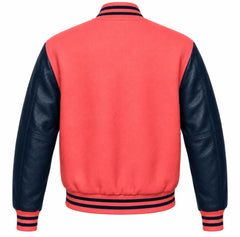 Coral wool varsity jacket, navy blue cowhide sleeves, back view