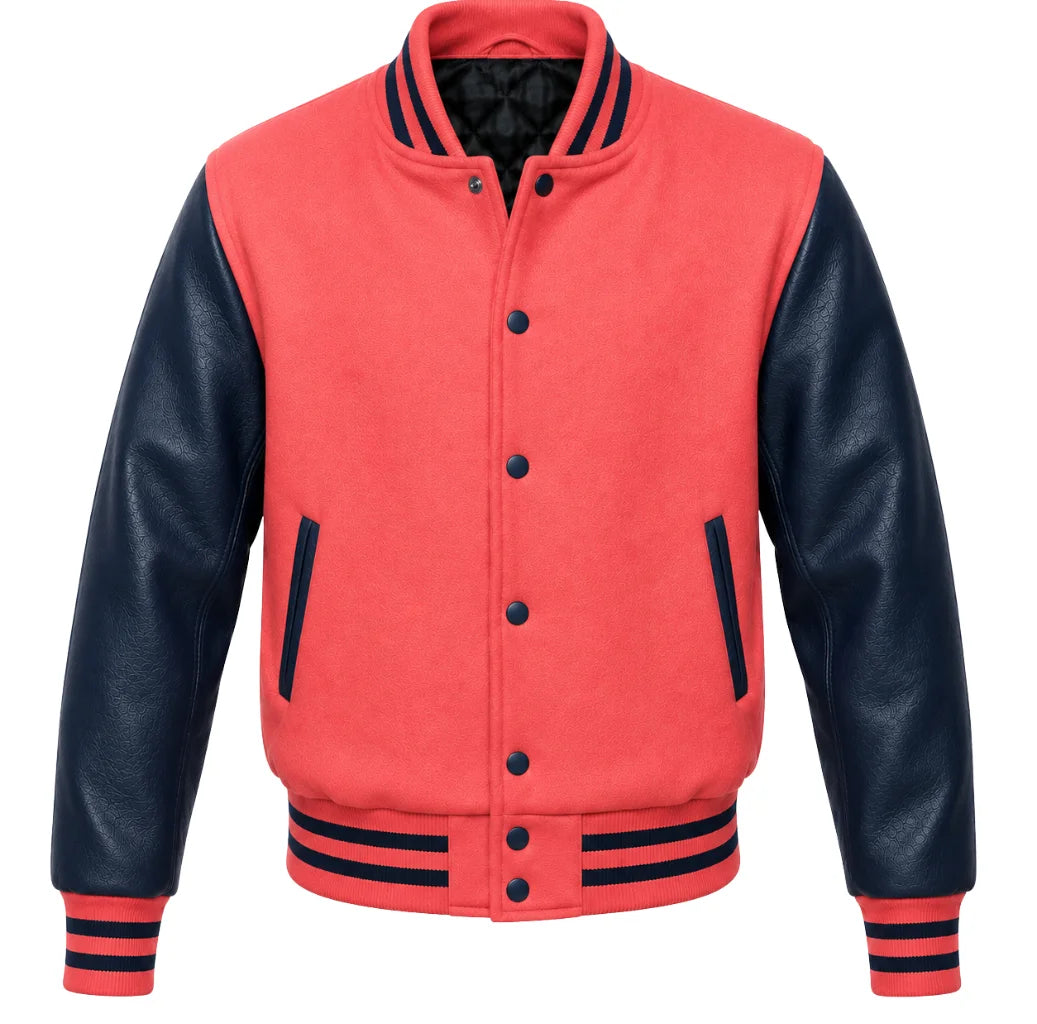 Coral melton wool varsity jacket with navy blue leather sleeves, front view