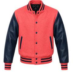 Coral melton wool varsity jacket with navy blue leather sleeves, front view