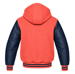 Coral and Navy Blue Varsity Jacket with Hood