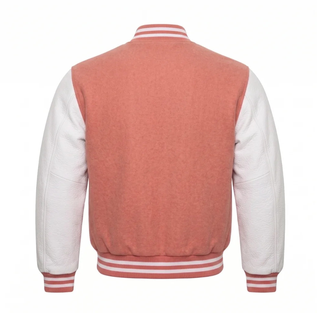 Coral and White Varsity Jacket with Wool Body and Leather Sleeves Back View