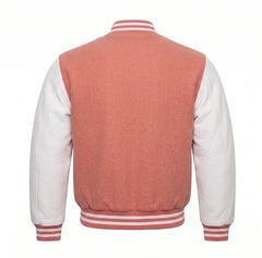 Coral and White Varsity Jacket with Wool Body and Leather Sleeves Back View