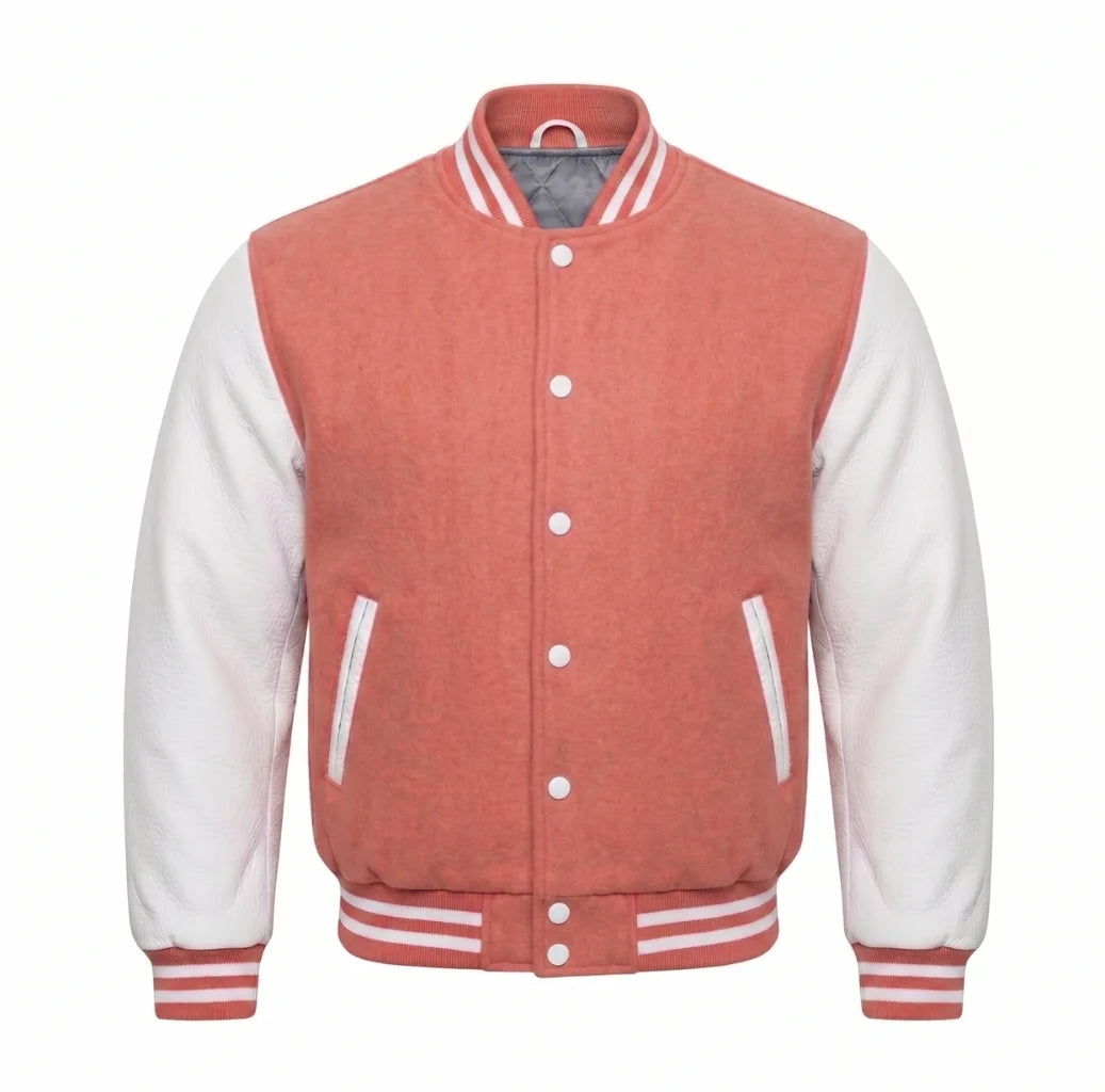 Coral and White Varsity Jacket with Wool Body and Leather Sleeves
