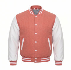 Coral and White Varsity Jacket with Wool Body and Leather Sleeves