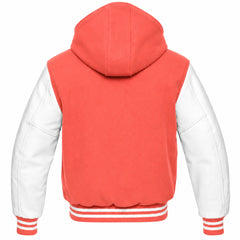 Coral and White Varsity Jacket with Hood