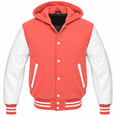 Coral and White Varsity Jacket with Hood