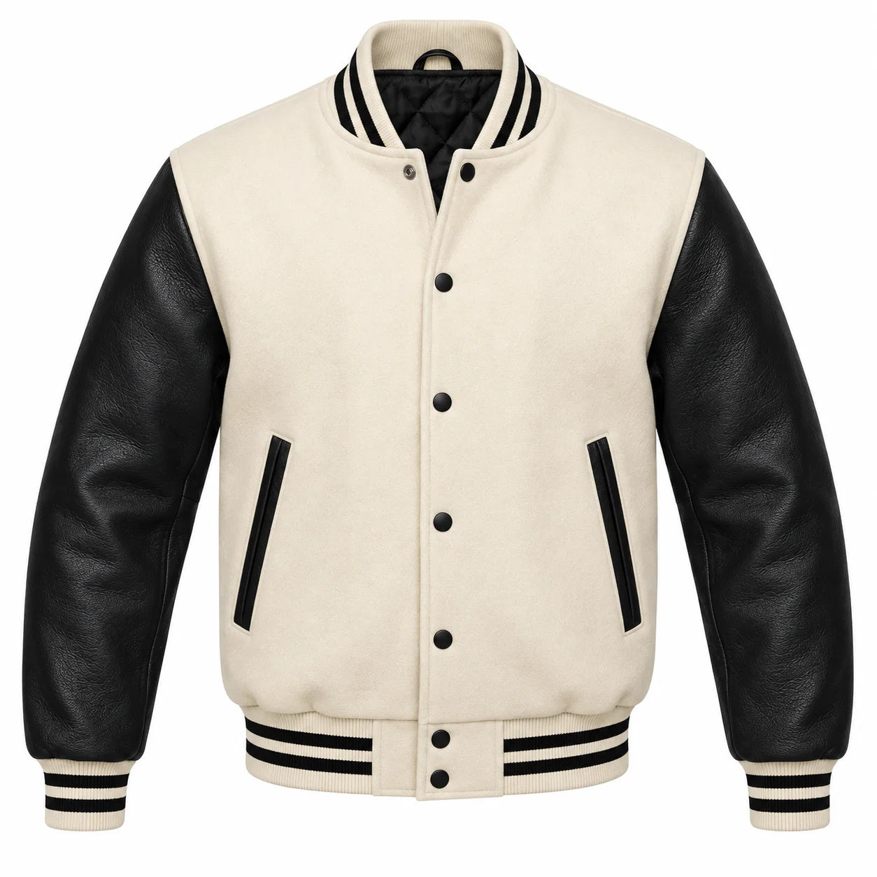 Cream and Black Varsity Jacket with Wool Body and Leather Sleeves
