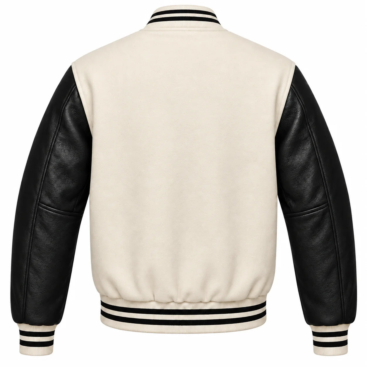 Cream and Black Varsity Jacket with Wool Body and Leather Sleeves Back View