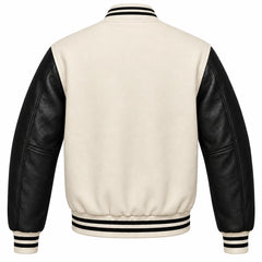 Cream and Black Varsity Jacket with Wool Body and Leather Sleeves Back View