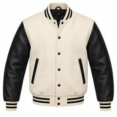 Cream and Black Varsity Jacket with Wool Body and Leather Sleeves