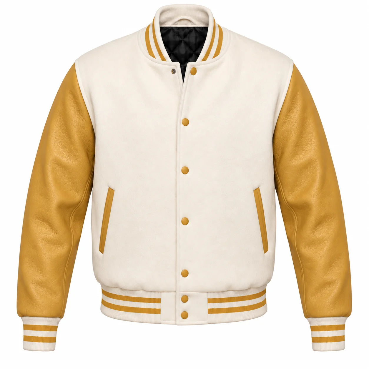 Cream and Gold Varsity Jacket with Wool Body and Leather Sleeves