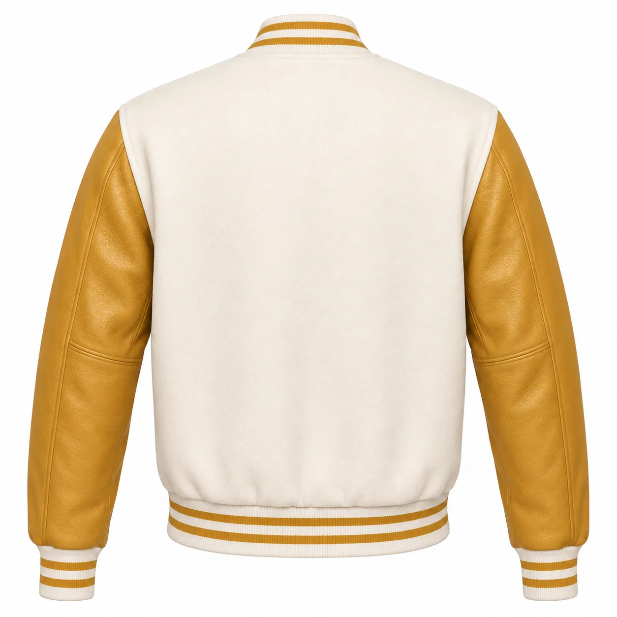 Cream and Gold Varsity Jacket with Wool Body and Leather Sleeves Back Side