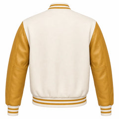 Cream and Gold Varsity Jacket with Wool Body and Leather Sleeves Back Side