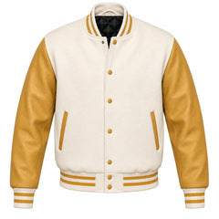 Cream and Gold Varsity Jacket with Wool Body and Leather Sleeves