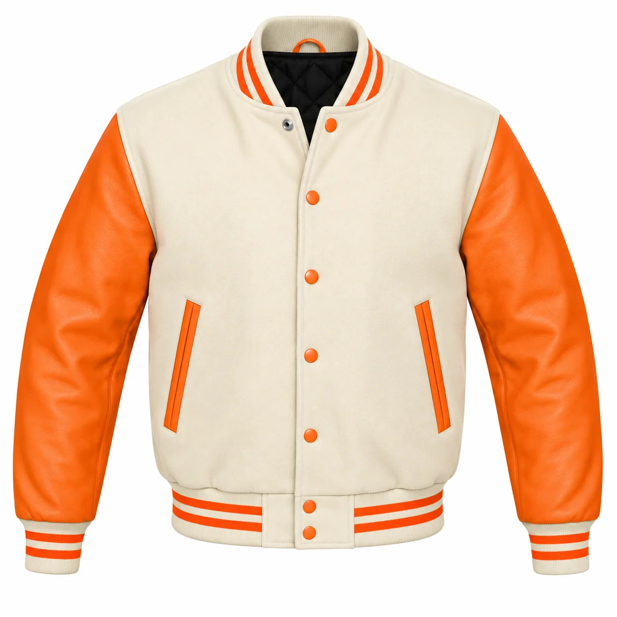 Cream and Orange Varsity Jacket with Wool Body and Leather Sleeves
