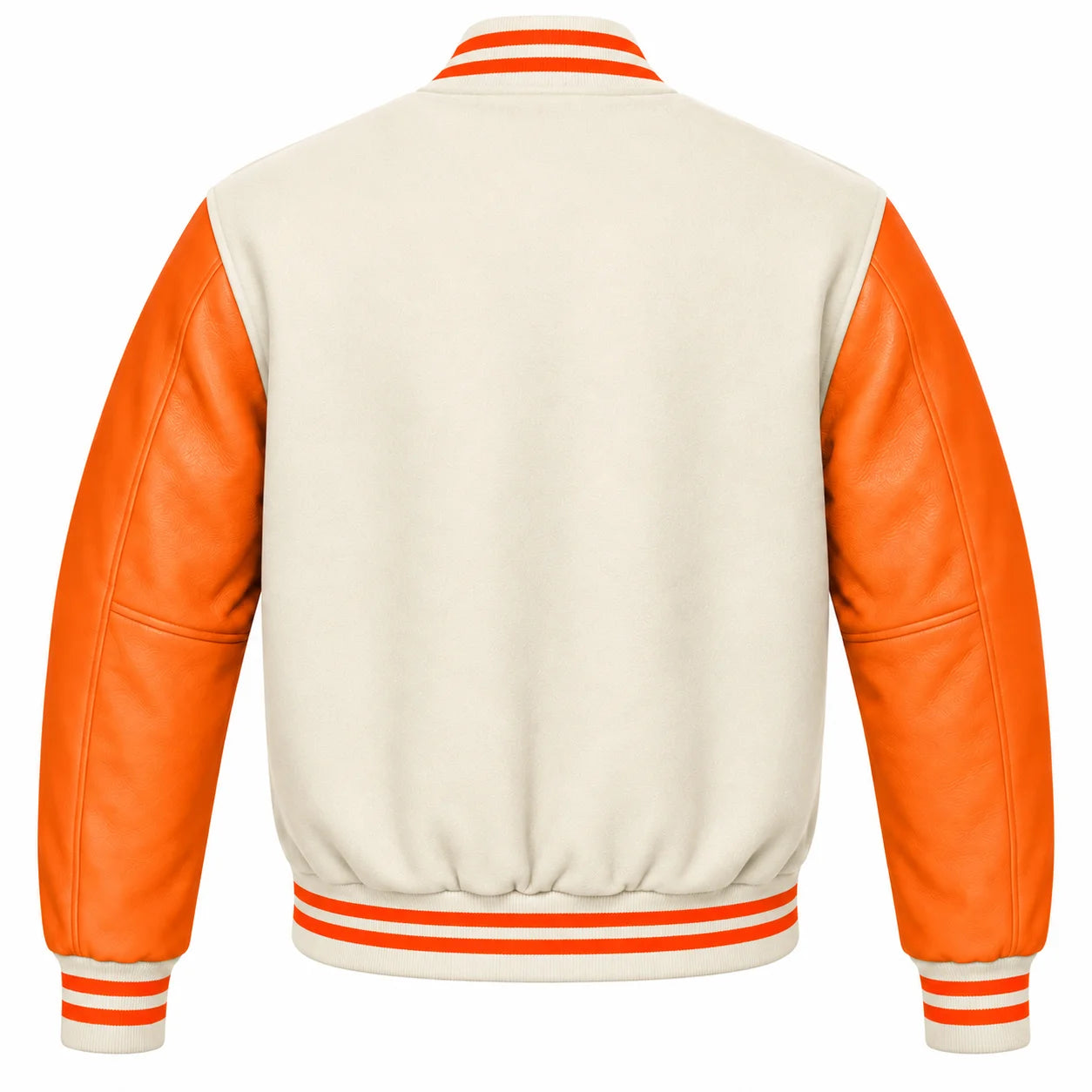 Cream and Orange Varsity Jacket with Wool Body and Leather Sleeves Back View