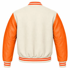 Cream and Orange Varsity Jacket with Wool Body and Leather Sleeves Back View