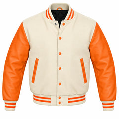 Cream and Orange Varsity Jacket with Wool Body and Leather Sleeves