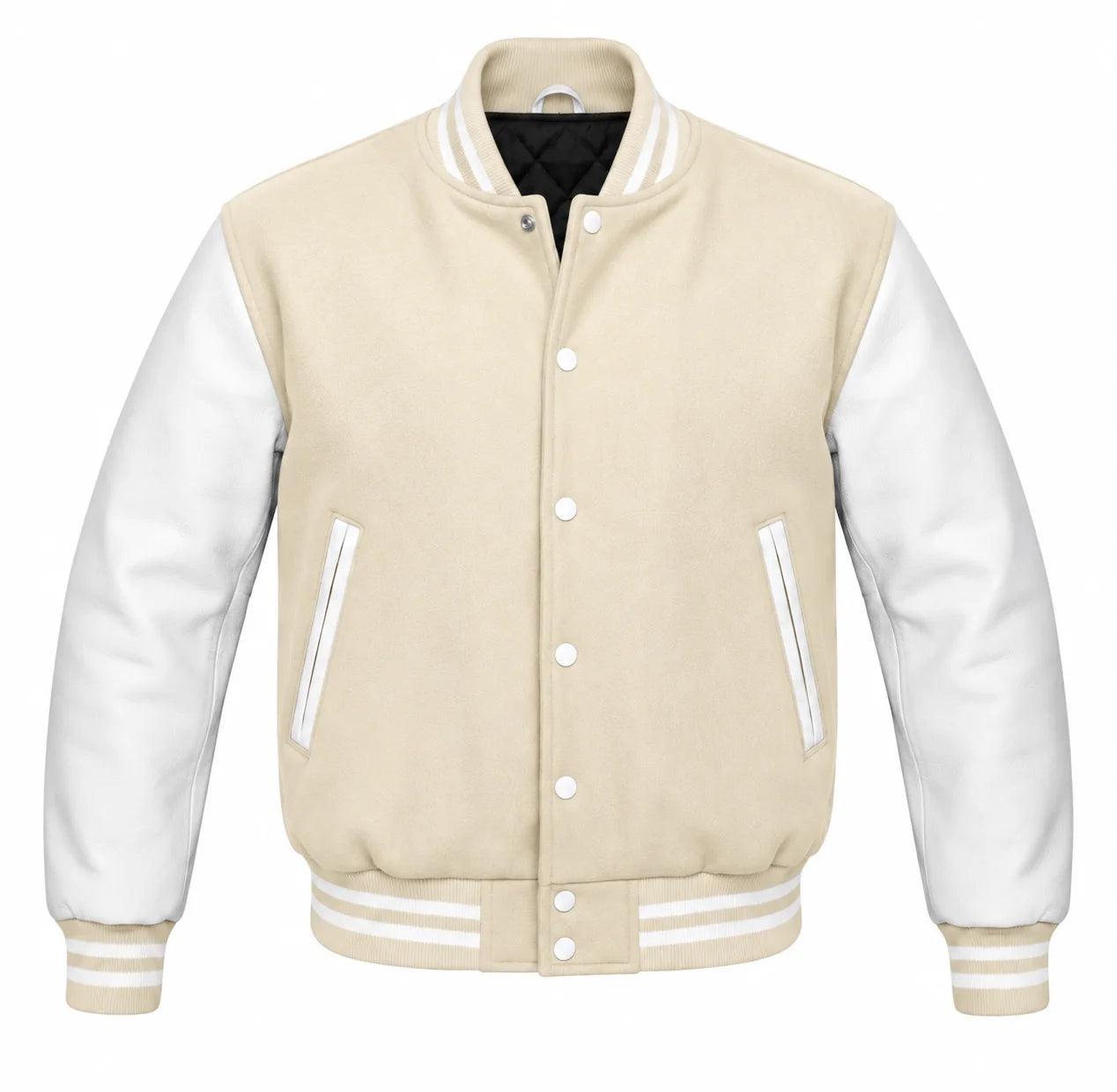 Cream and White Varsity Jacket with Wool Body and Leather Sleeves
