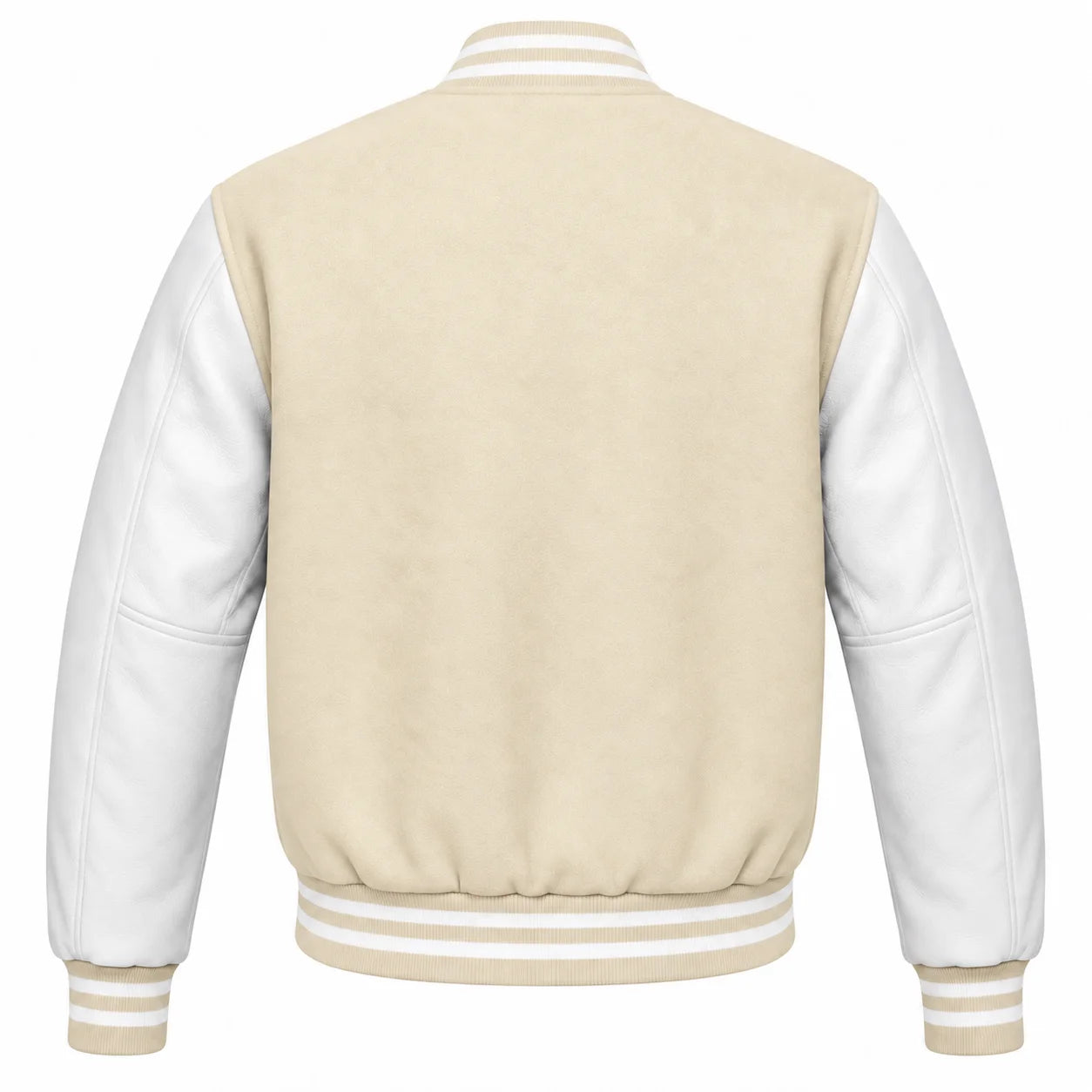 Cream and White Varsity Jacket with Wool Body and Leather Sleeves Back View