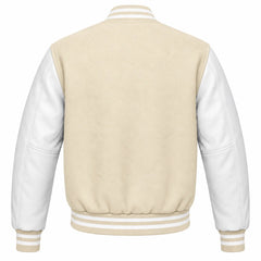 Cream and White Varsity Jacket with Wool Body and Leather Sleeves Back View