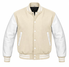 Cream and White Varsity Jacket with Wool Body and Leather Sleeves