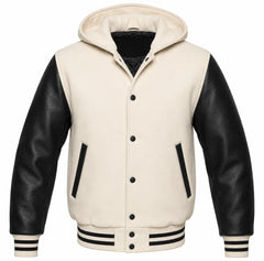 Cream and Black Hooded Varsity Jacket