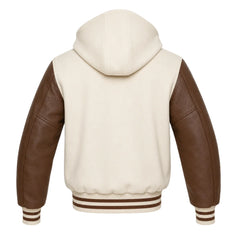 Cream and Brown Hooded Letterman Jacket