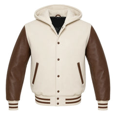 Cream and Brown Hooded Letterman Jacket