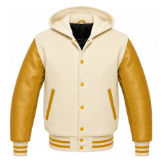Cream and Gold Hooded Letterman Jacket