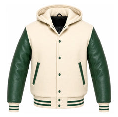 Cream and Green Letterman Jacket with Hood
