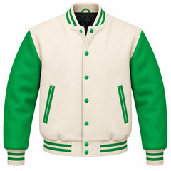 Cream and Green Wool Varsity Jacket