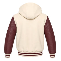 Cream and Maroon Hooded Letterman Jacket