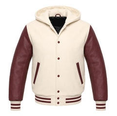 Cream and Maroon Hooded Letterman Jacket