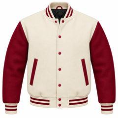 Cream and Maroon Wool Varsity Jacket