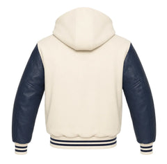 Cream and Navy Blue Varsity Jacket with Hood