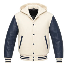 Cream and Navy Blue Varsity Jacket with Hood