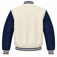 Cream and Navy Blue Wool Varsity Jacket