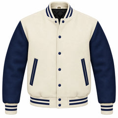 Cream and Navy Blue Wool Varsity Jacket