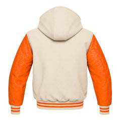 Cream and Orange Varsity Jacket with Hood