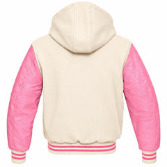 Cream and Pink Hooded Varsity Jacket