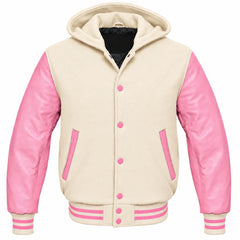 Cream and Pink Hooded Varsity Jacket