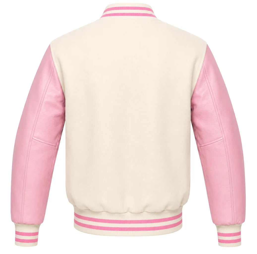Cream wool letterman jacket with pink cowhide sleeves, back view
