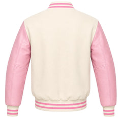 Cream wool letterman jacket with pink cowhide sleeves, back view